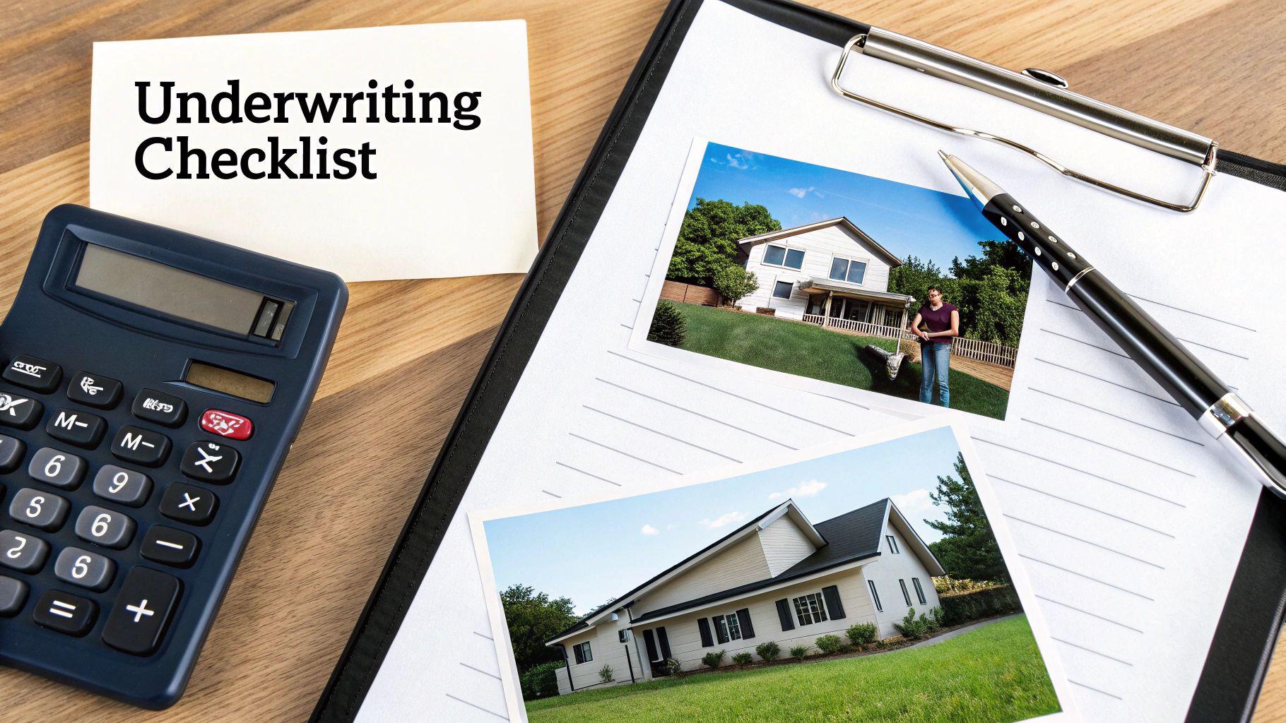 A desk with an 'Underwriting Checklist' note, calculator, pen, and photos of houses for property assessment.