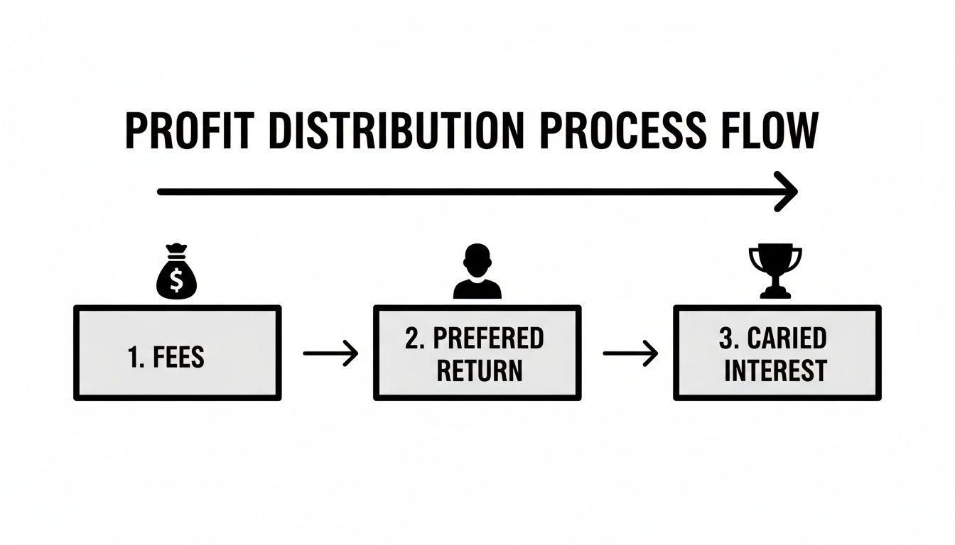 A flow diagram illustrating the profit distribution process with three sequential steps: Fees, Preferred Return, and Carried Interest.