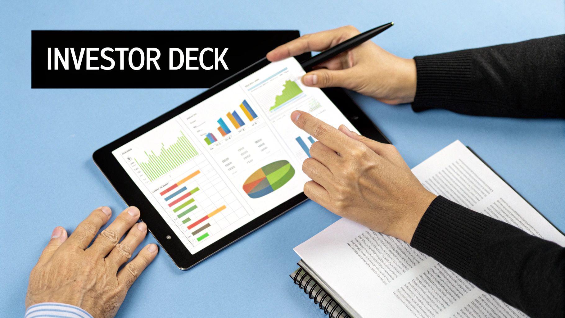 Hands reviewing an investor deck on a tablet displaying charts and graphs, alongside documents, on a blue table.