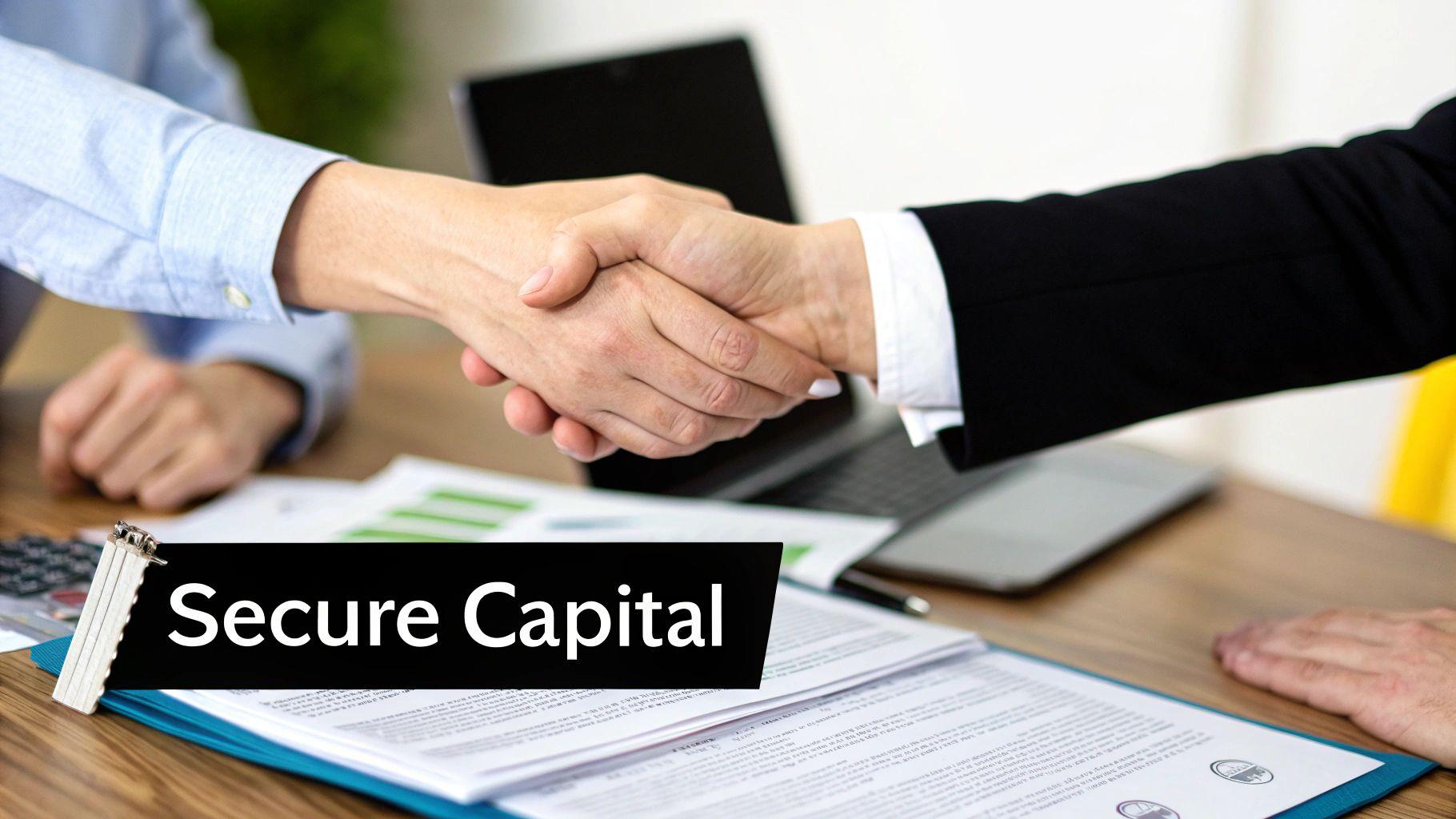 A person signing financing documents for a real estate deal on a wooden desk