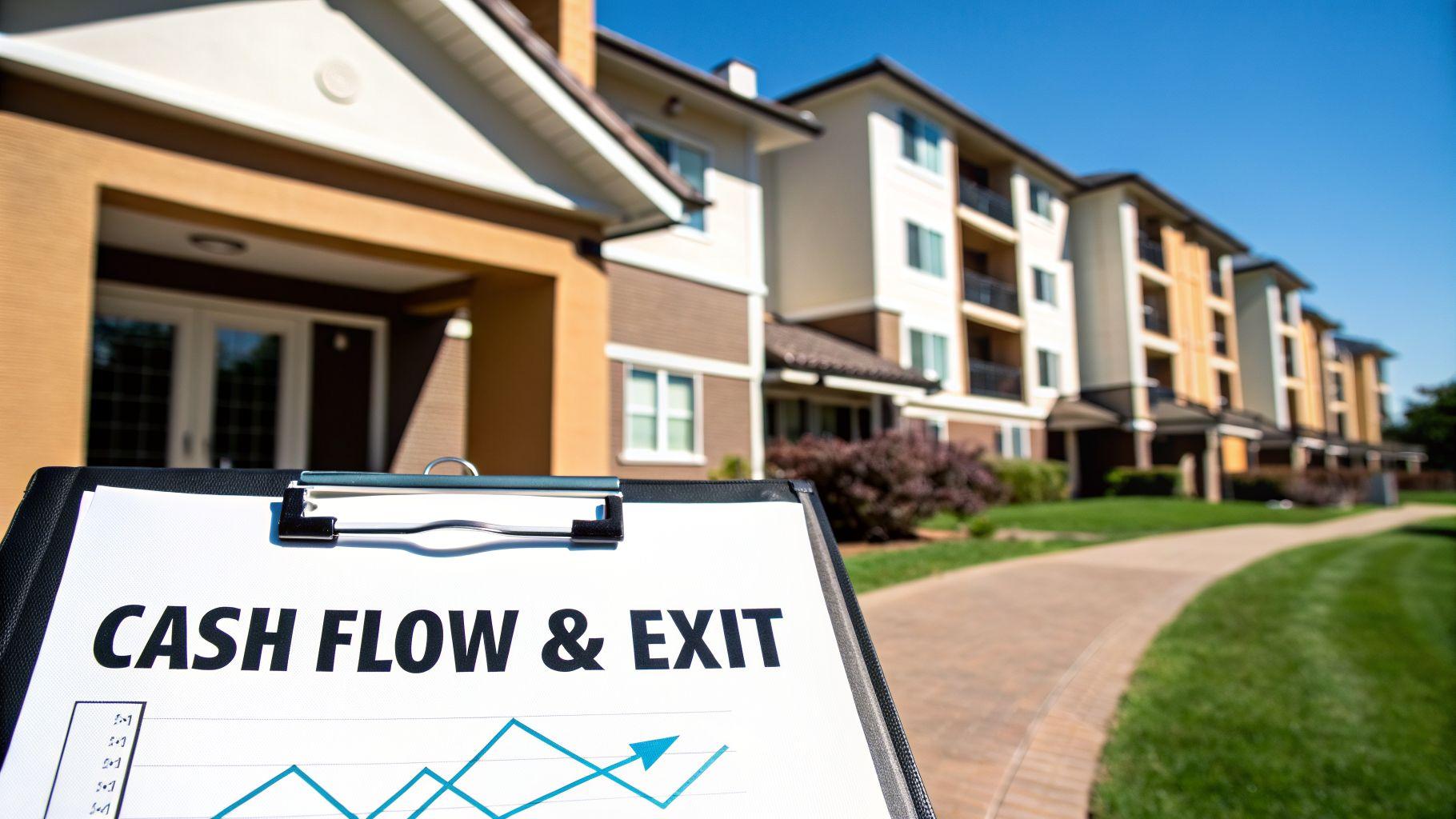 Clipboard with 'CASH FLOW & EXIT' document and financial graph in front of modern apartment buildings.