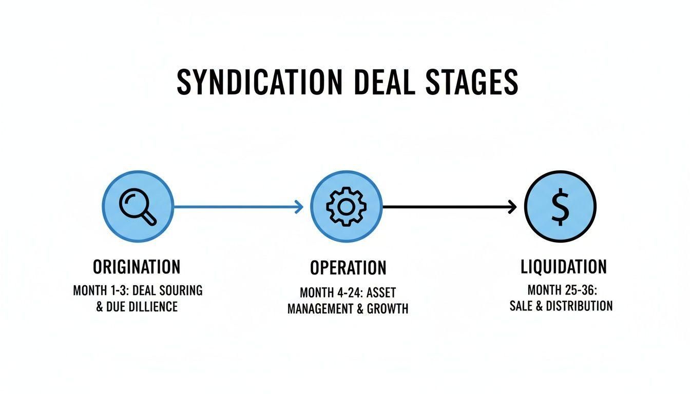Flowchart illustrating the three stages of a syndication deal: origination, operation, and liquidation.