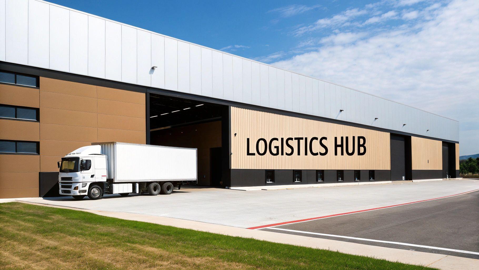 A white semi-truck is parked outside a modern logistics hub building under a blue sky.