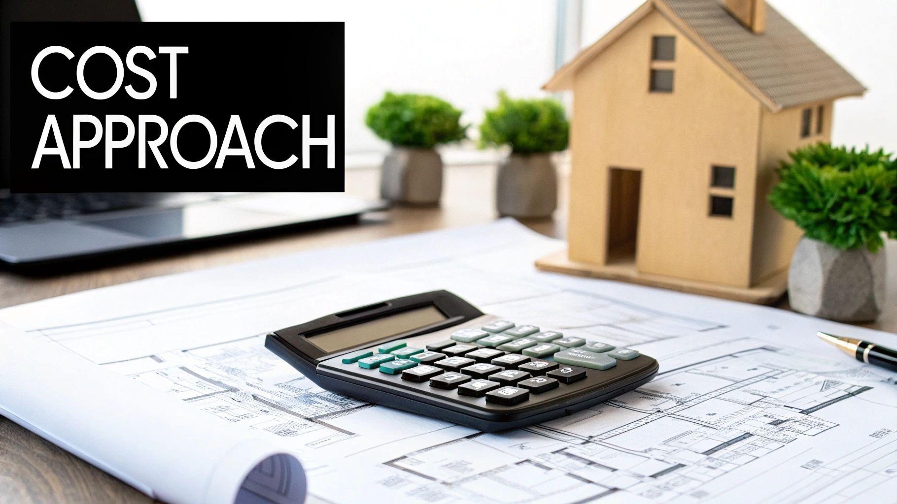 A desk with architectural plans, calculator, house model, and 'COST APPROACH' text on a black background.