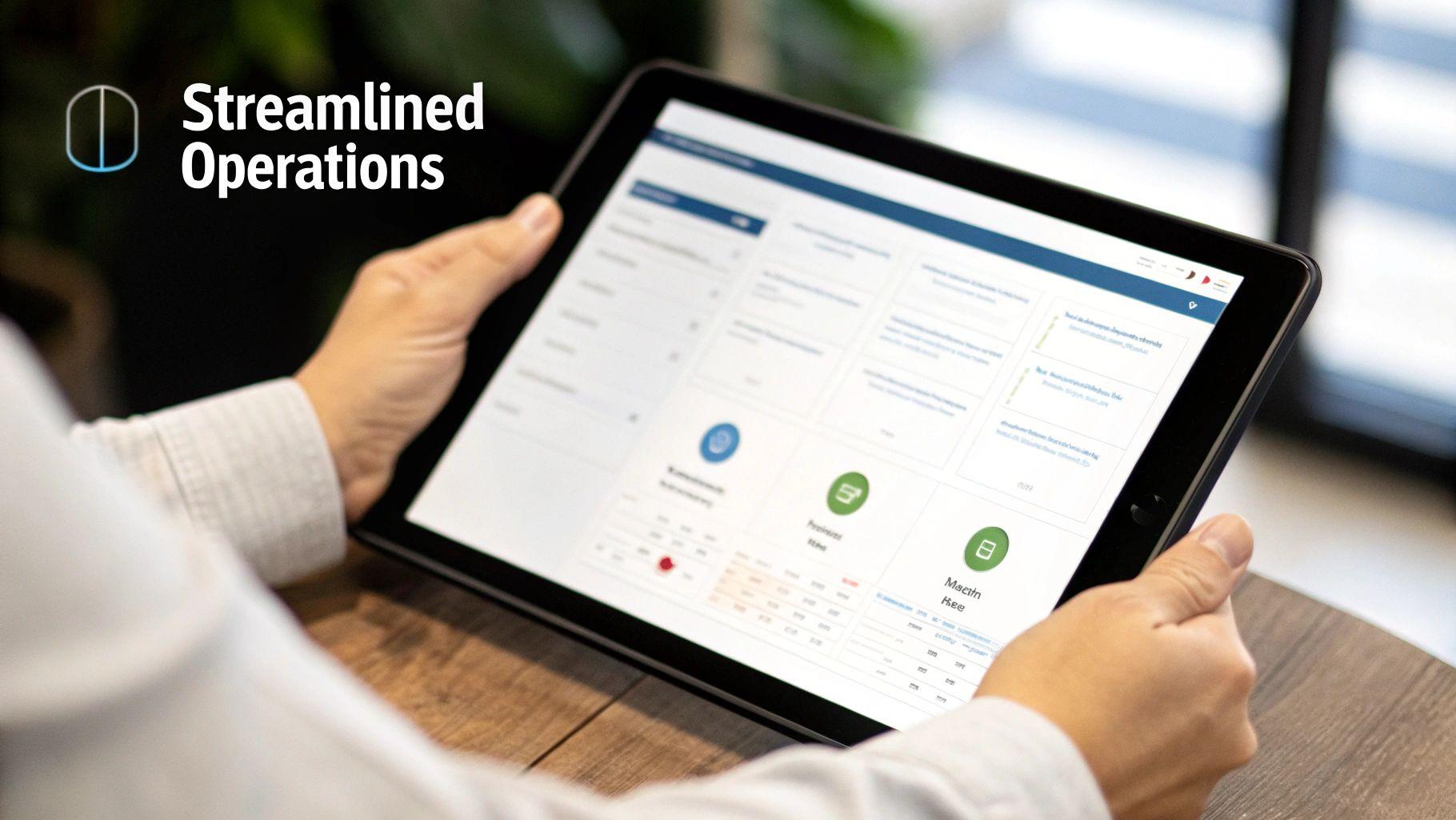 Person holding a tablet displaying a business dashboard for streamlined operations and data management.