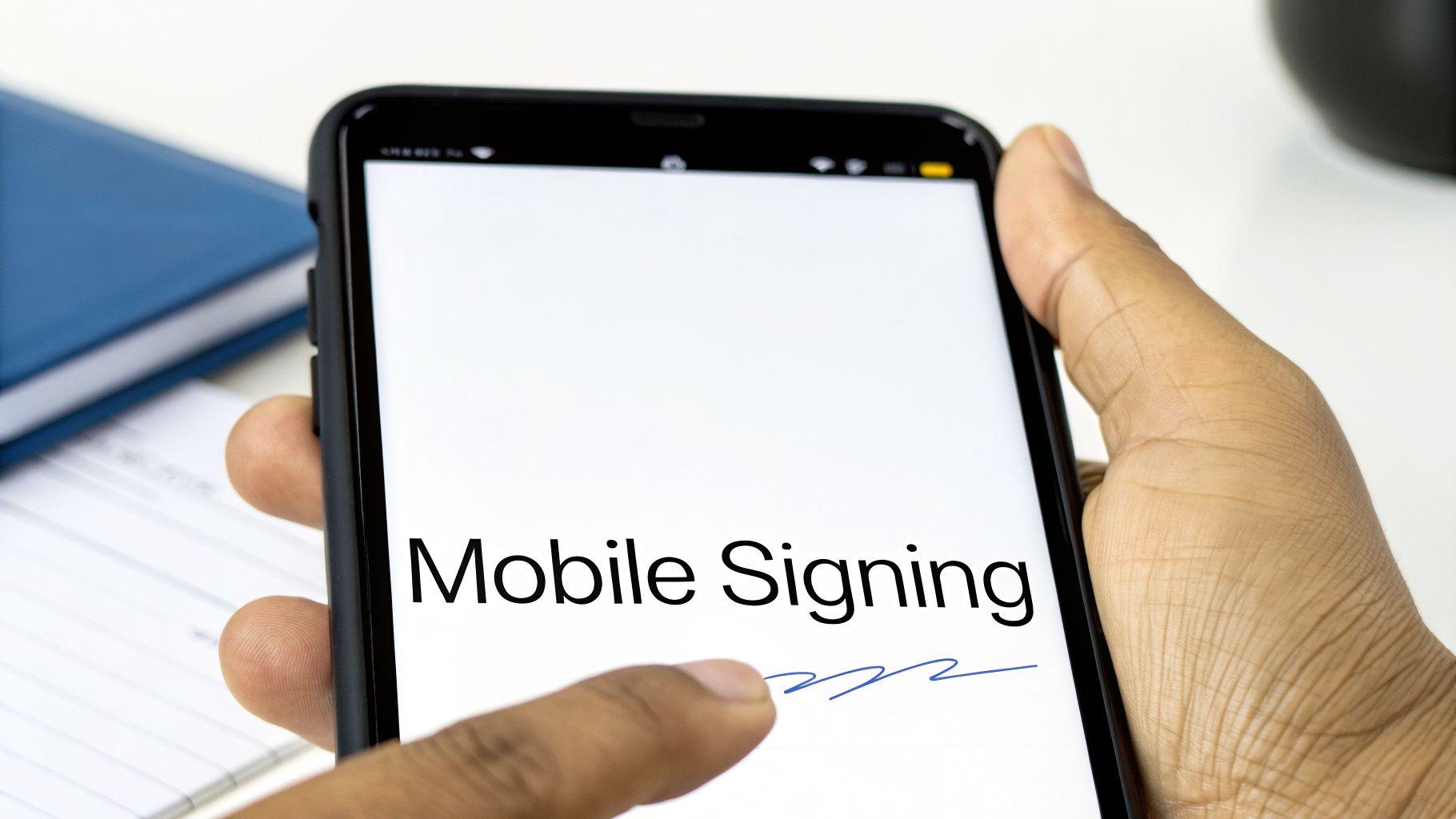 A person's hand holds a smartphone displaying "Mobile Signing" with a digital signature.