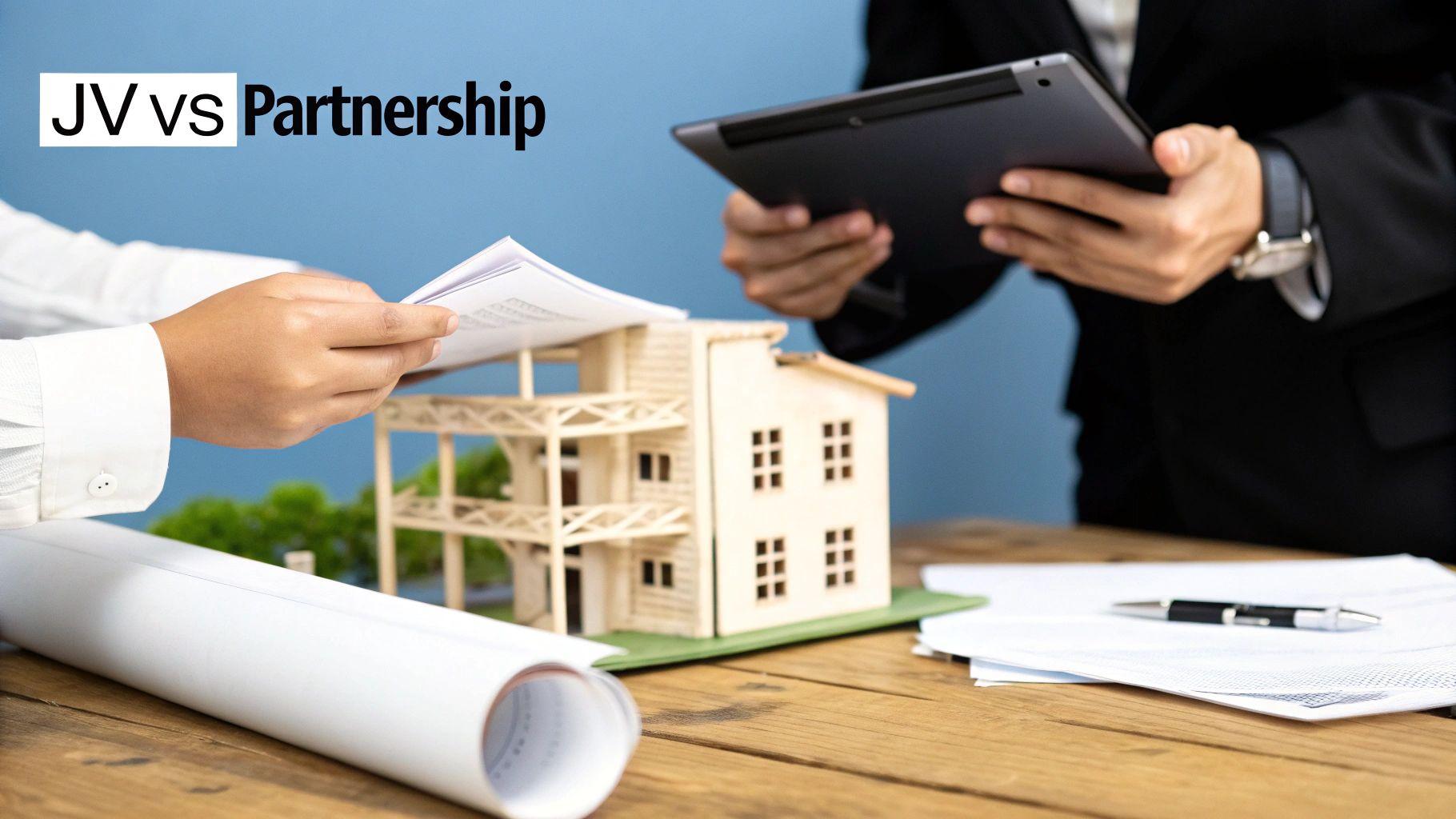 Two colleagues analyzing a real estate deal on a laptop in a modern office