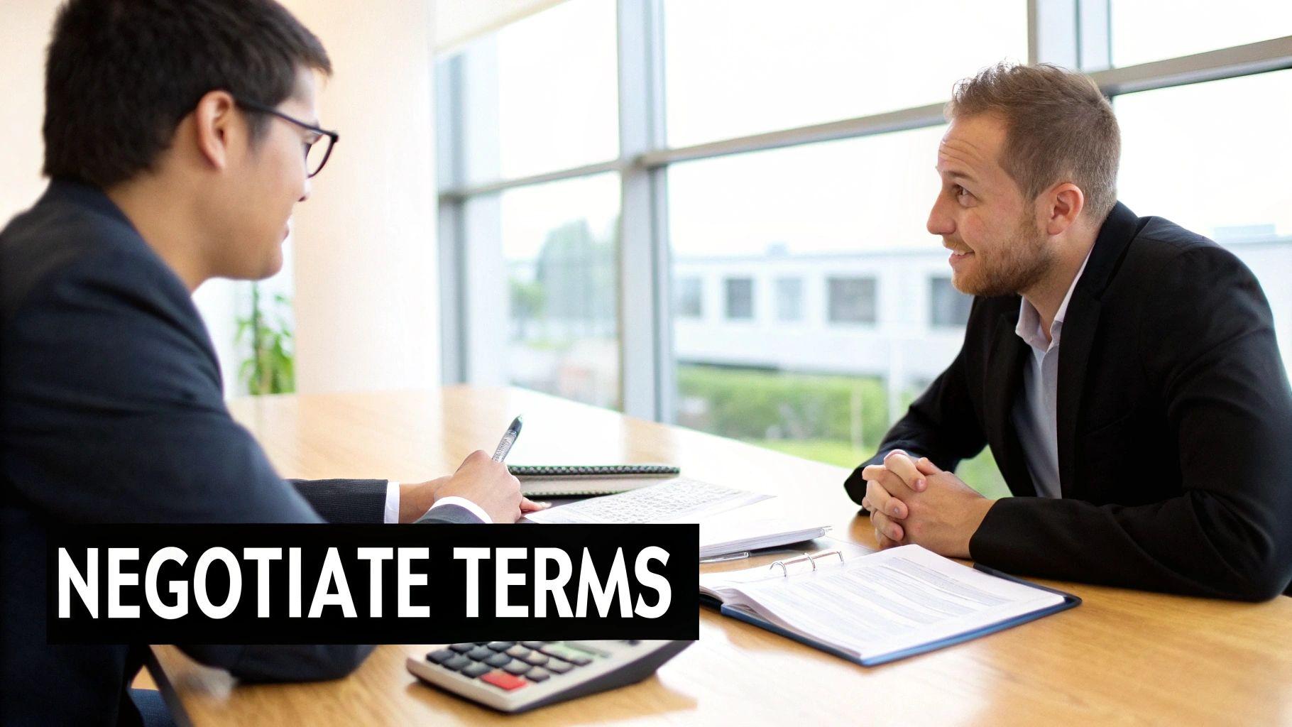 Two professionals negotiating a deal across a table