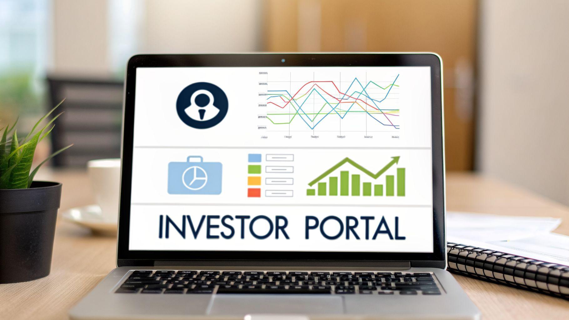 Laptop screen shows an Investor Portal with various financial graphs and business icons.