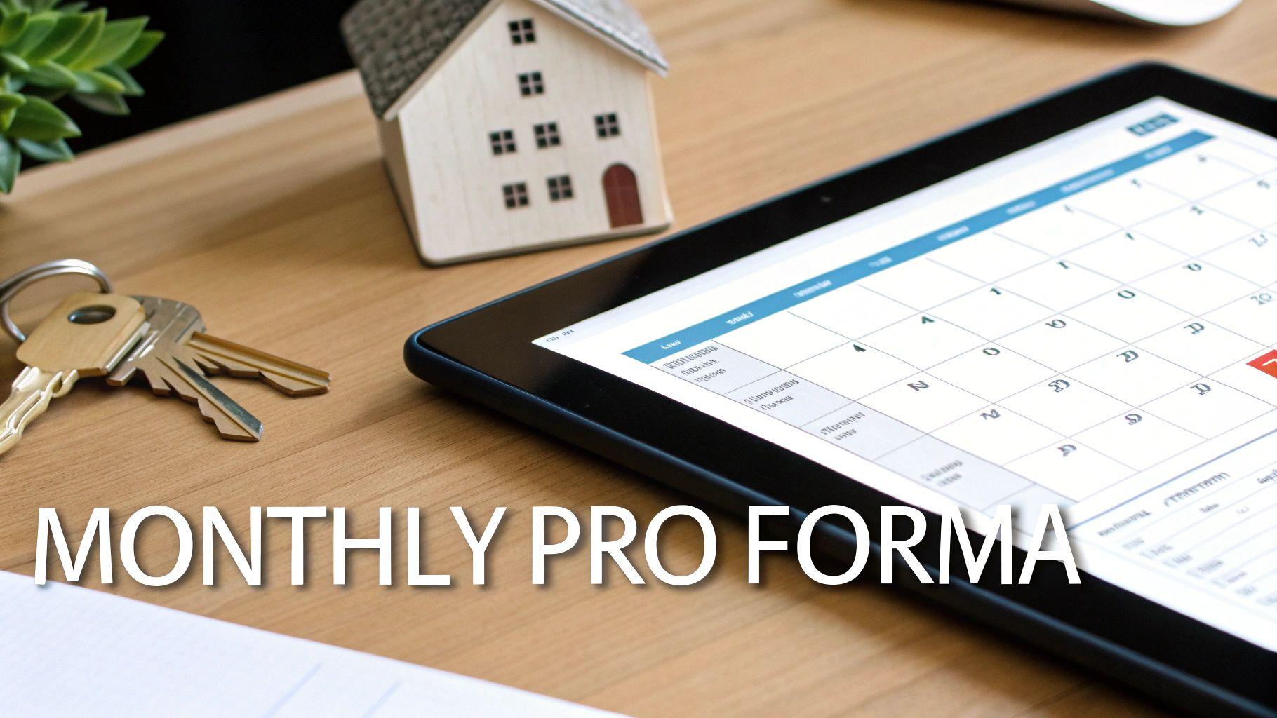 A desk with house keys, a miniature house, and a tablet showing a calendar for monthly pro forma.