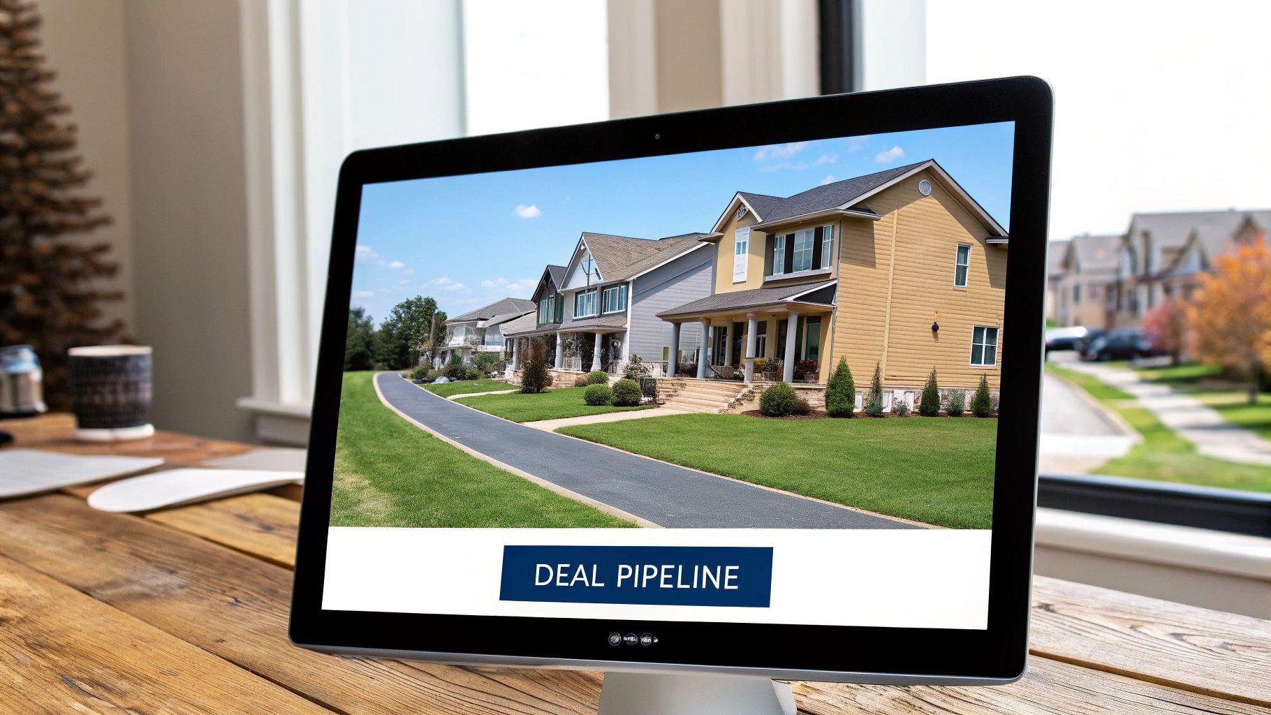 A digital dashboard showing deal pipelines, property data, and contact information, illustrating the core features of a real estate investment CRM.