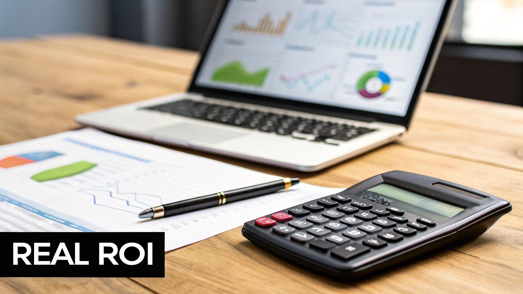 A desk setup with a laptop showing financial charts, a document, a pen, and a calculator, emphasizing return on investment.