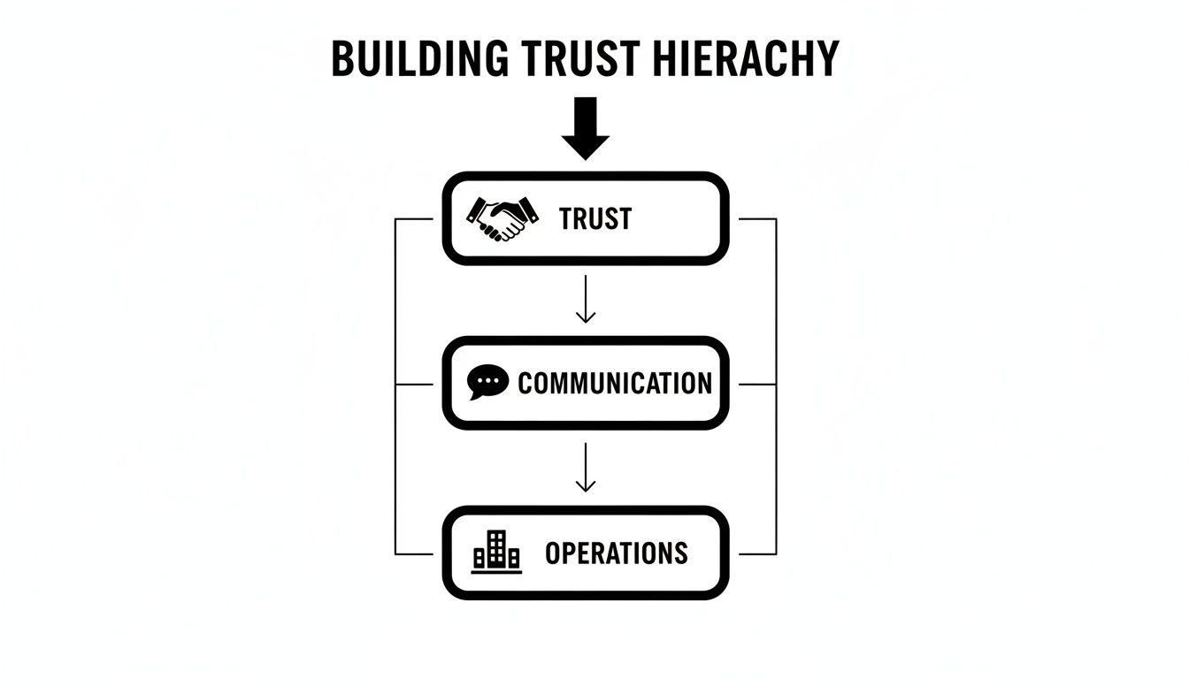 A hierarchy diagram showing Building Trust, starting with Trust, then Communication, and finally Operations.