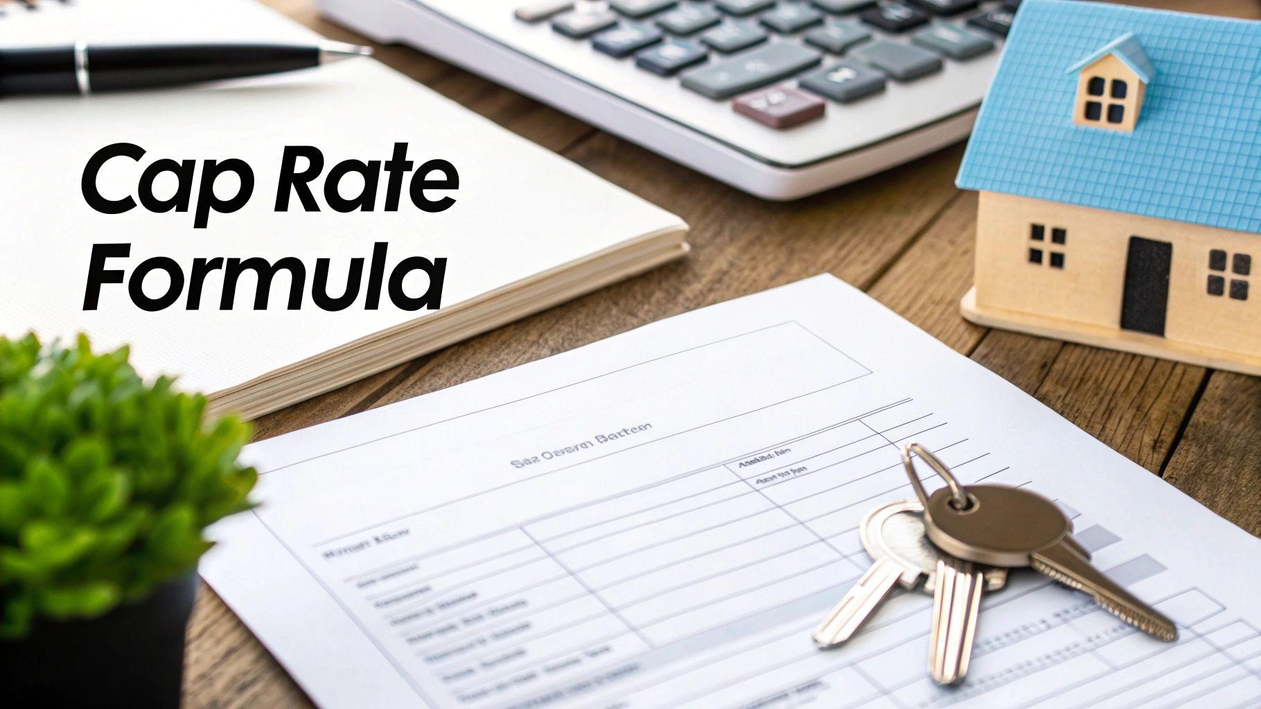 Cap rate formula text with calculator, house model, keys and documents on desk
