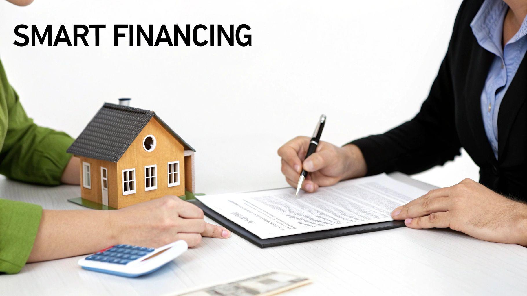 A person signing a house financing contract with a real estate agent, miniature house, calculator, and money.