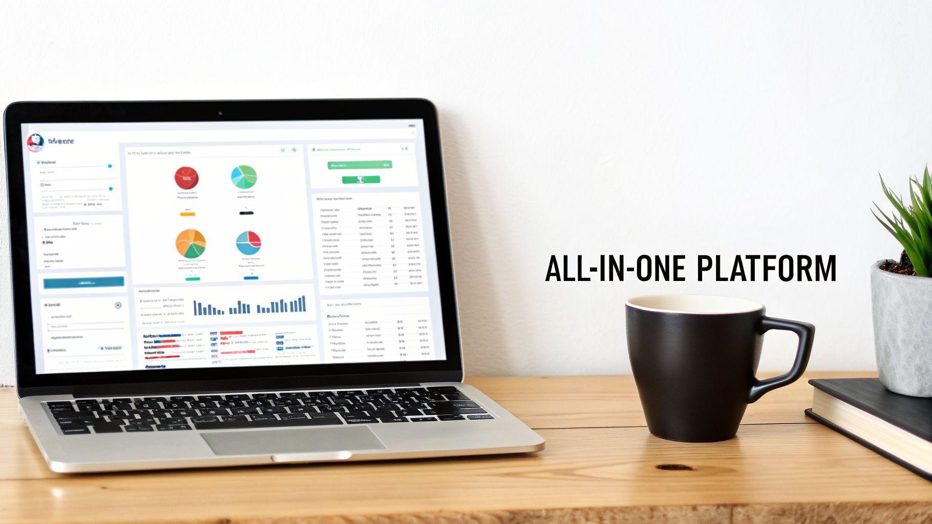 Laptop displaying a business management software dashboard with charts and data, alongside a coffee mug and 'ALL-IN-ONE PLATFORM' text.