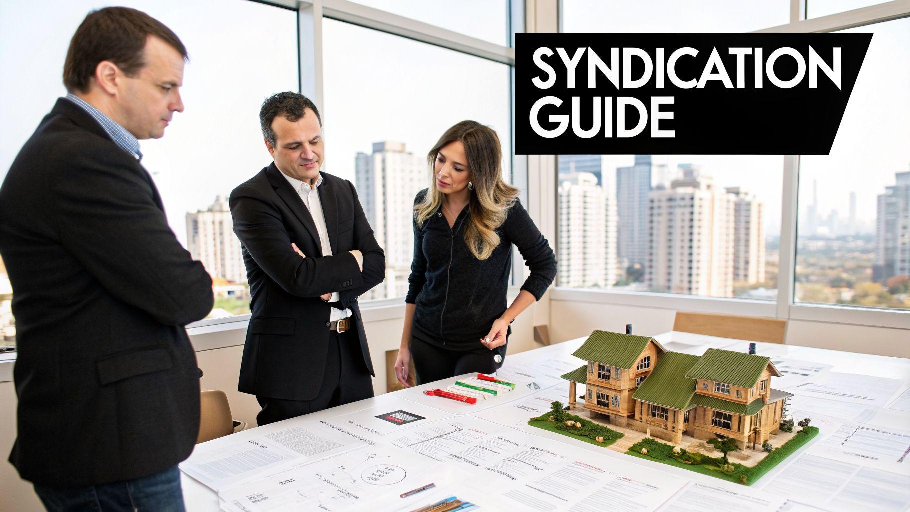 Three professionals discuss real estate development plans with a house model and documents in an office.