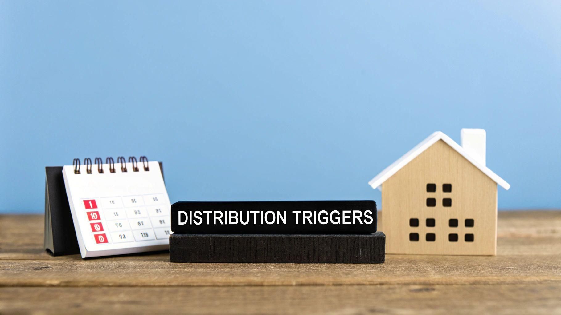 A calendar, 'DISTRIBUTION TRIGGERS' block, and a small house, symbolizing financial planning and property.