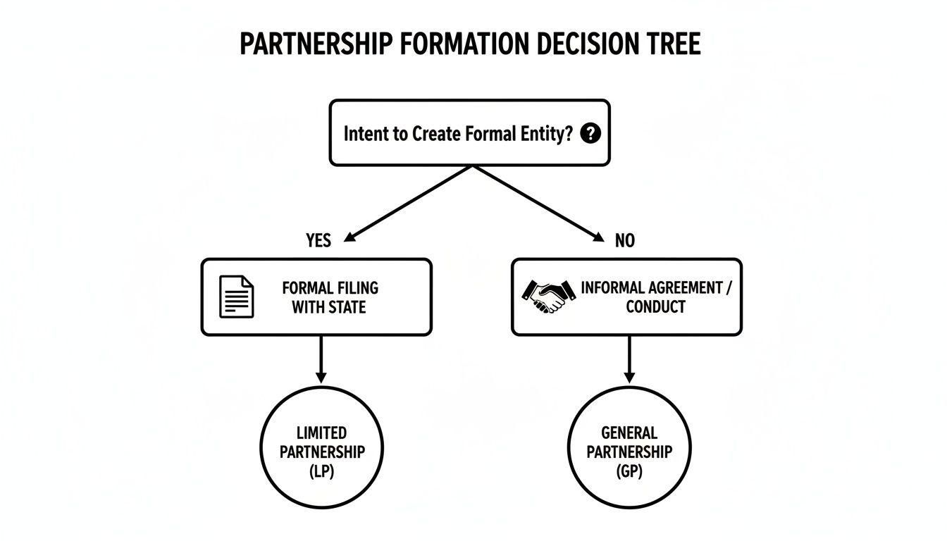 Flowchart illustrating the partnership formation decision tree, leading to limited or general partnerships.