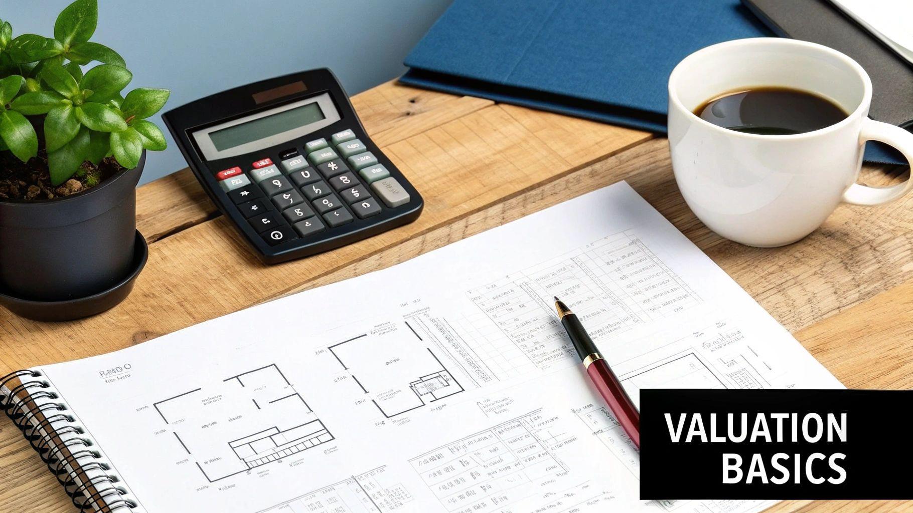 A professional analyzing documents and blueprints to value a commercial building.