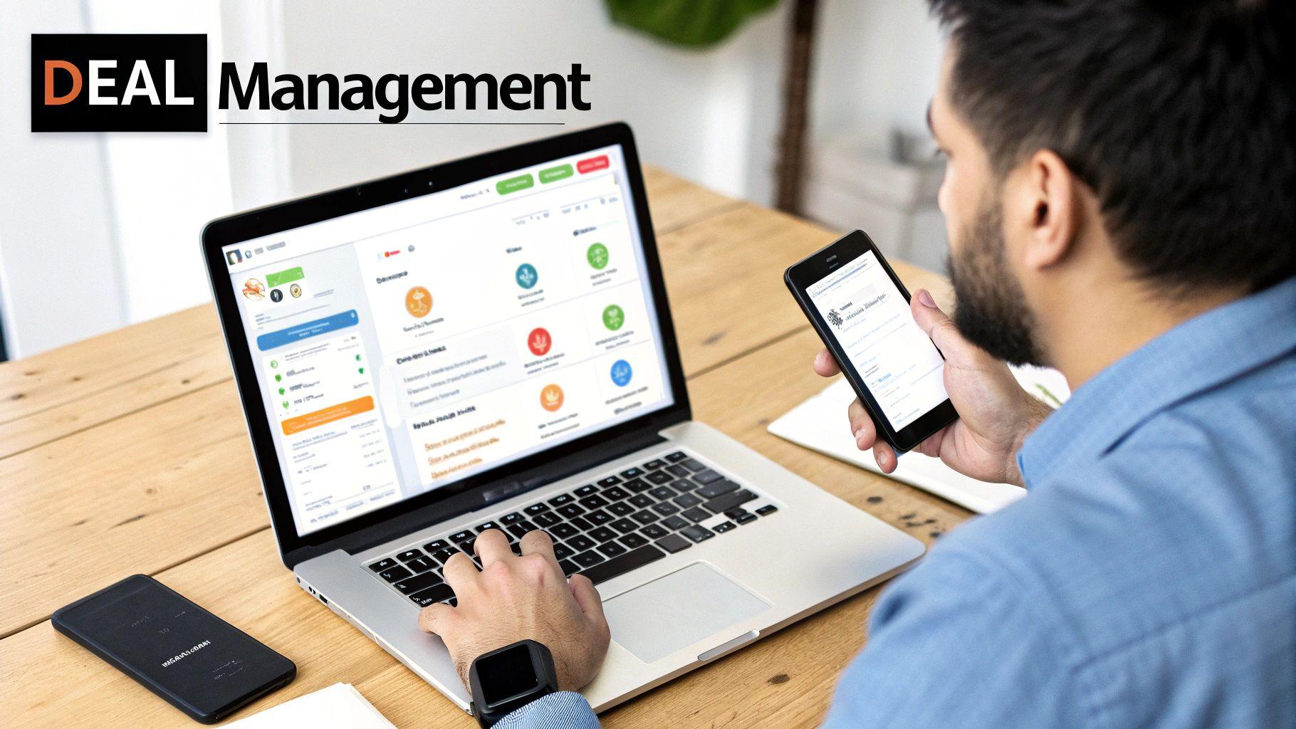 A man uses a laptop and smartphone to manage deals on a wooden desk.