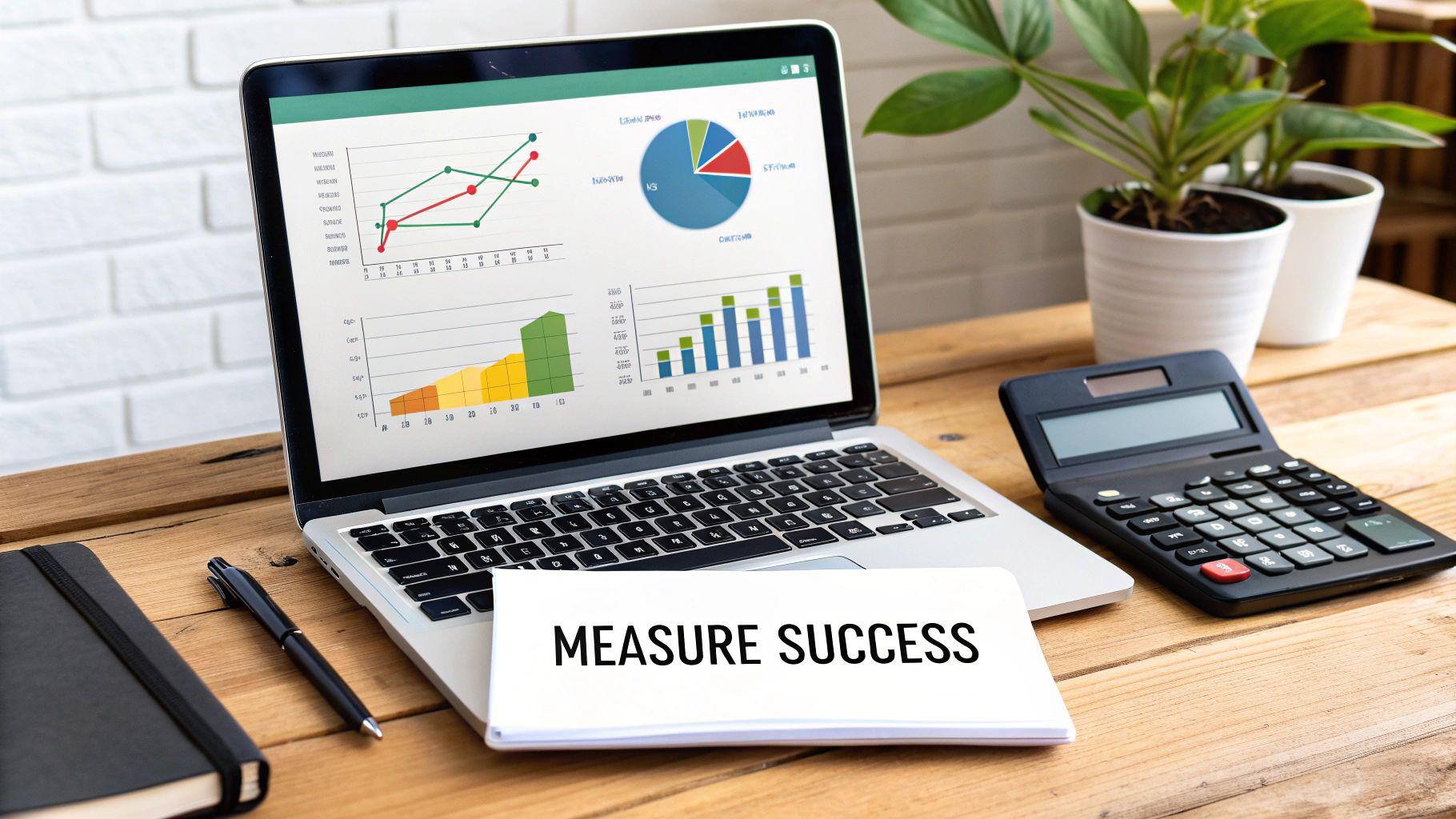 A laptop displaying business graphs and charts, a calculator, notebook, and a paper with 'MEASURE SUCCESS' on a wooden desk.