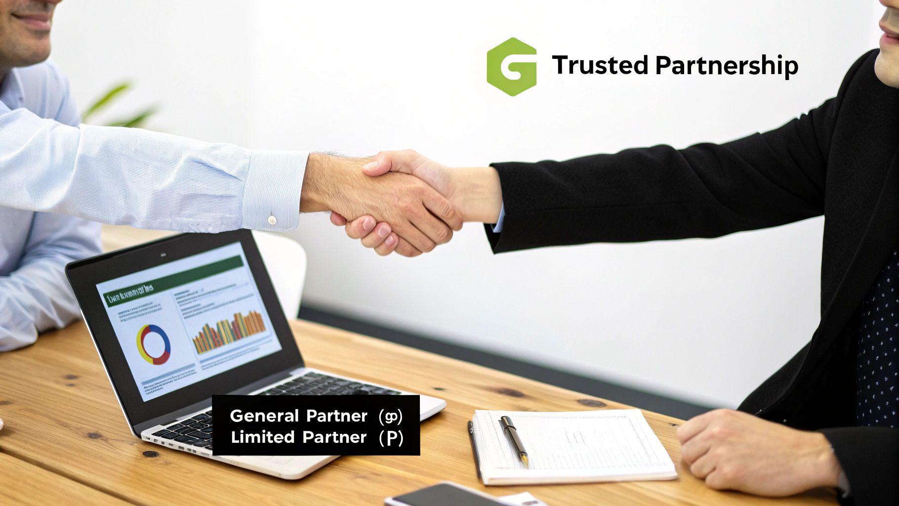 Two businessmen shake hands across a table, symbolizing a trusted partnership between general and limited partners.