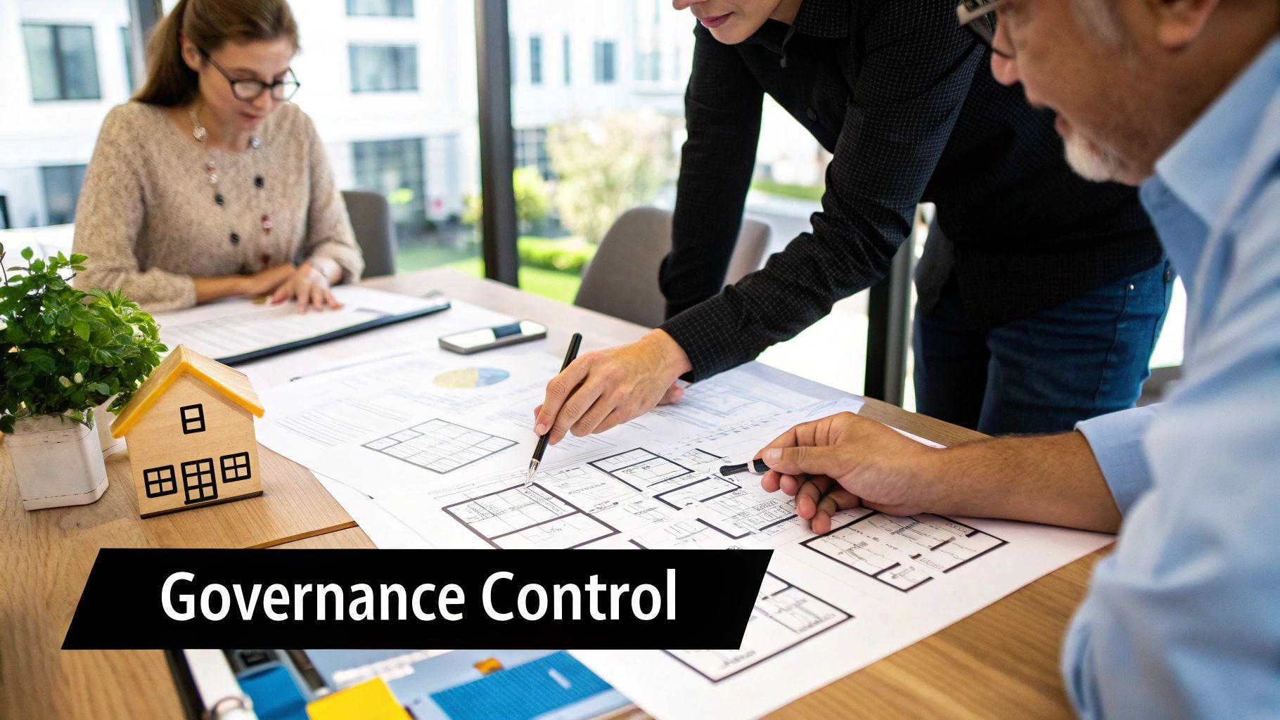 Two professionals reviewing architectural blueprints and discussing governance control.