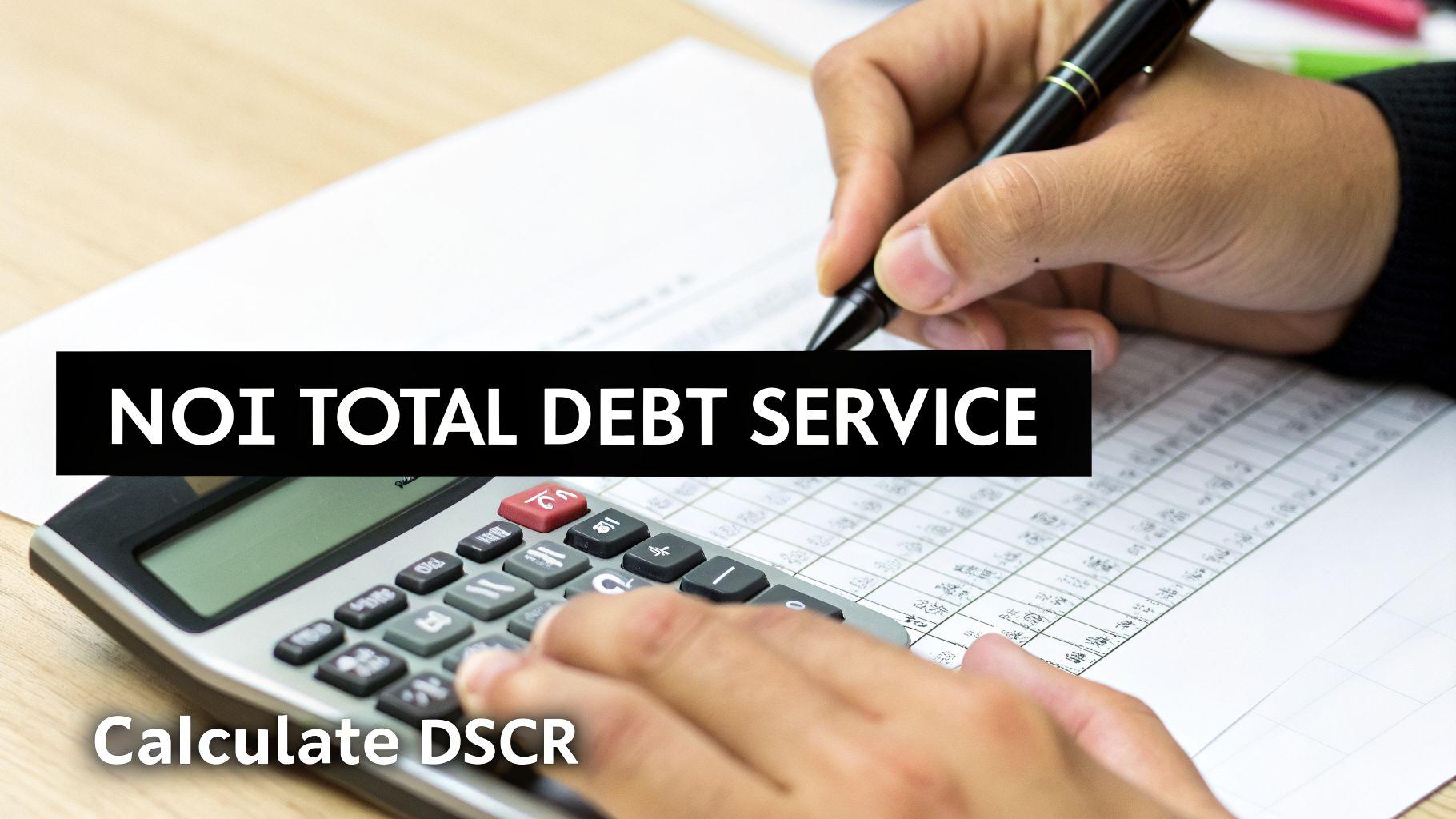 Hands calculating financial figures with a calculator, showing NOI, Total Debt Service, and DSCR.