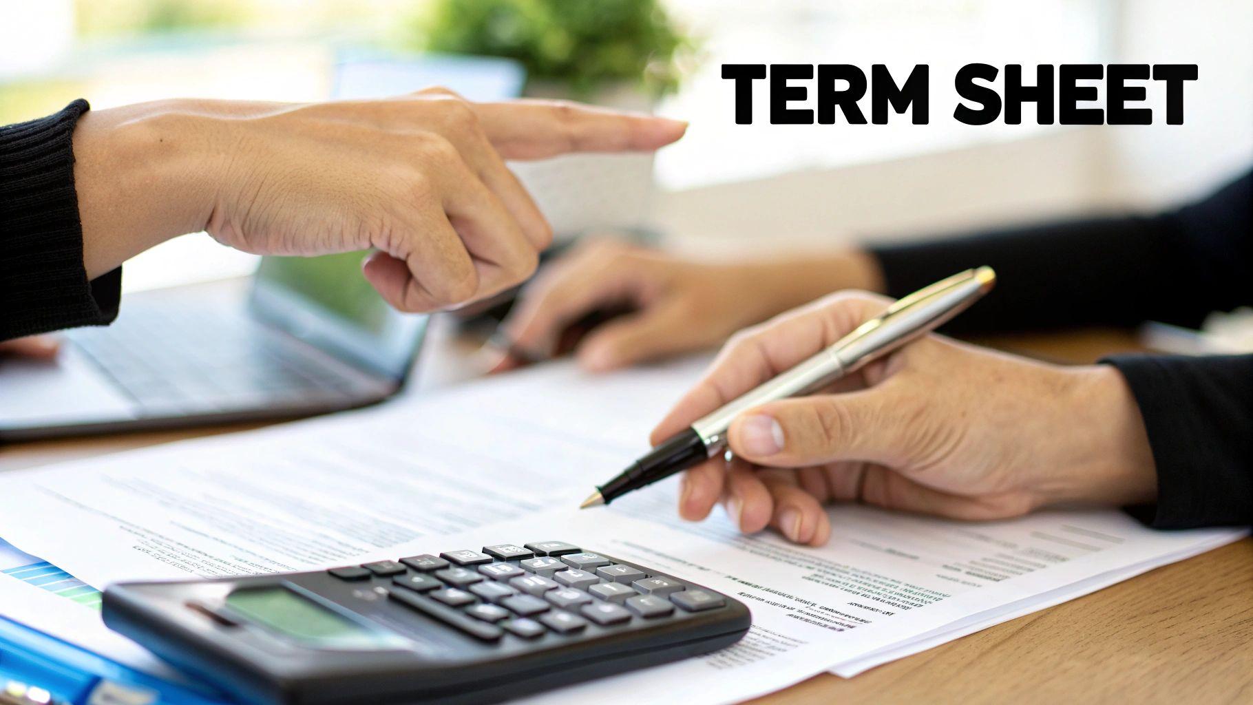 Two individuals reviewing a term sheet and financial documents during a business meeting.