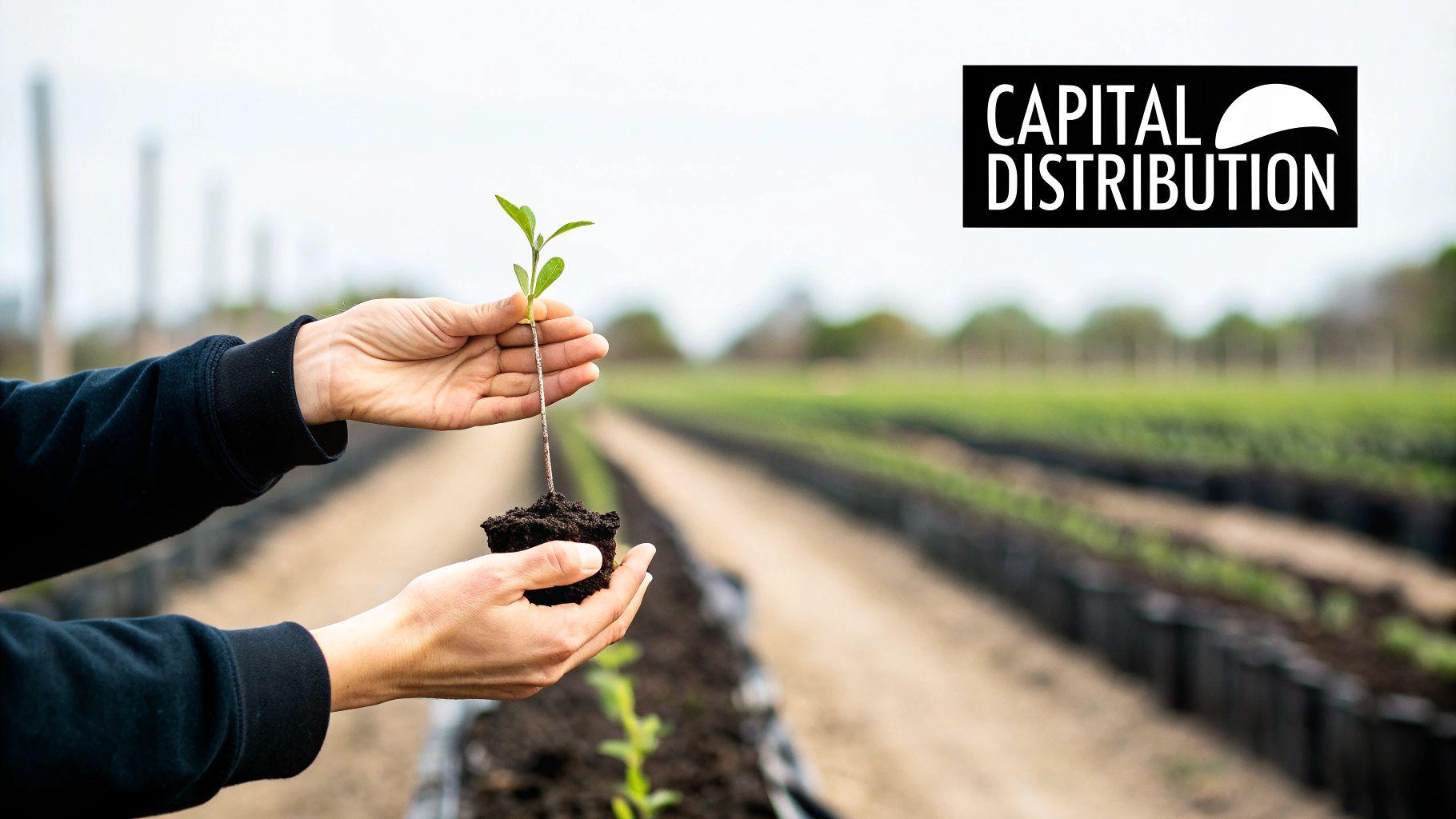 Close-up of hands gently holding a young green plant with soil, in an outdoor nursery.