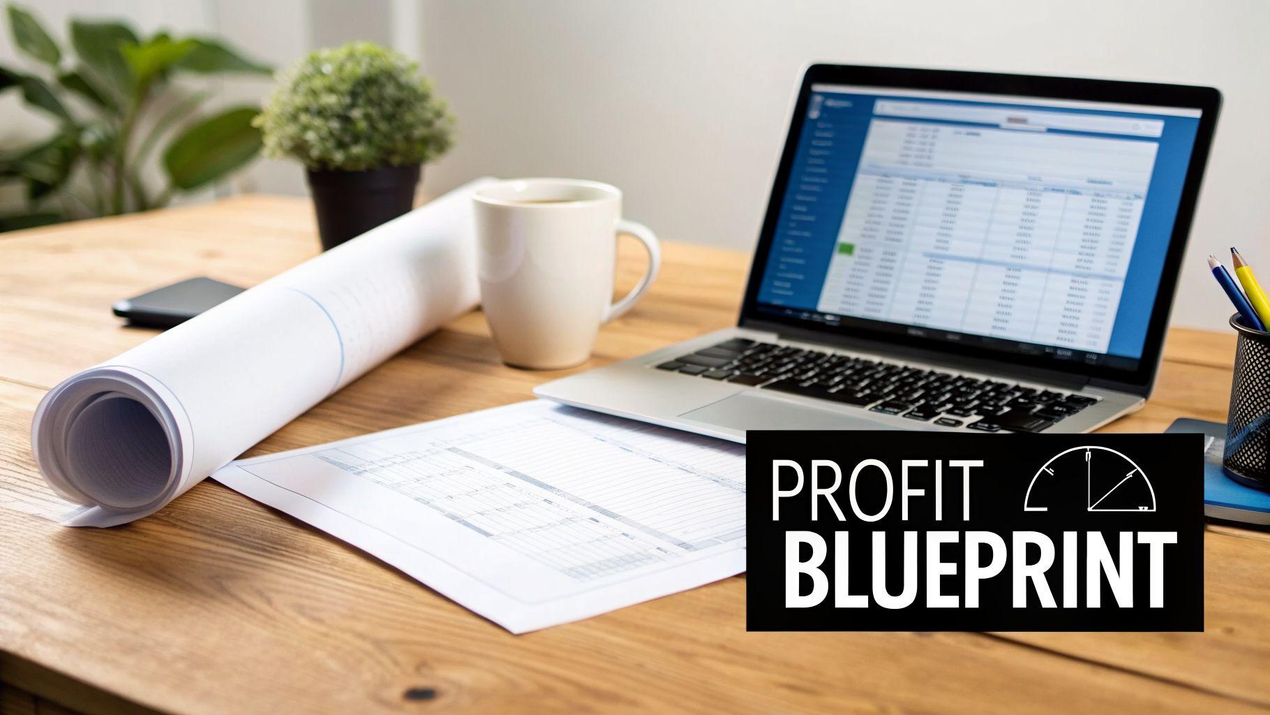 A work desk with a rolled blueprint, laptop displaying financial data, coffee, and documents, suggesting profit planning.