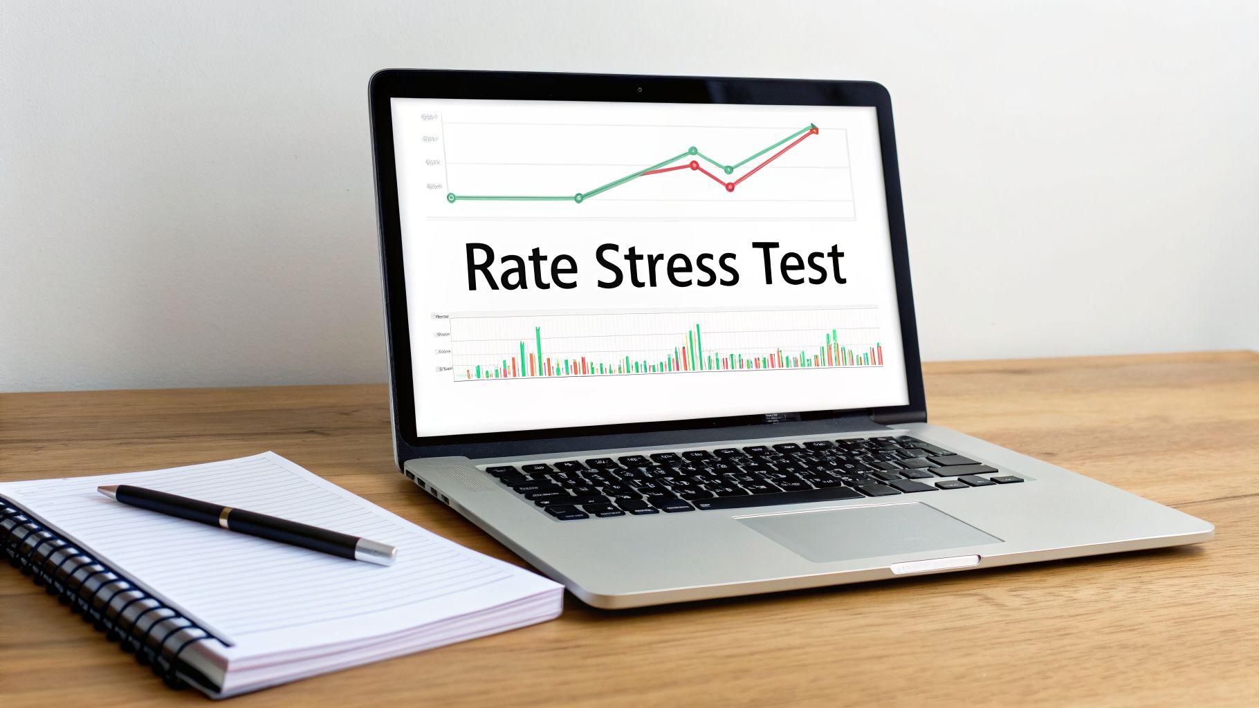 Laptop displaying a 'Rate Stress Test' report with financial graphs, next to a notebook and pen.
