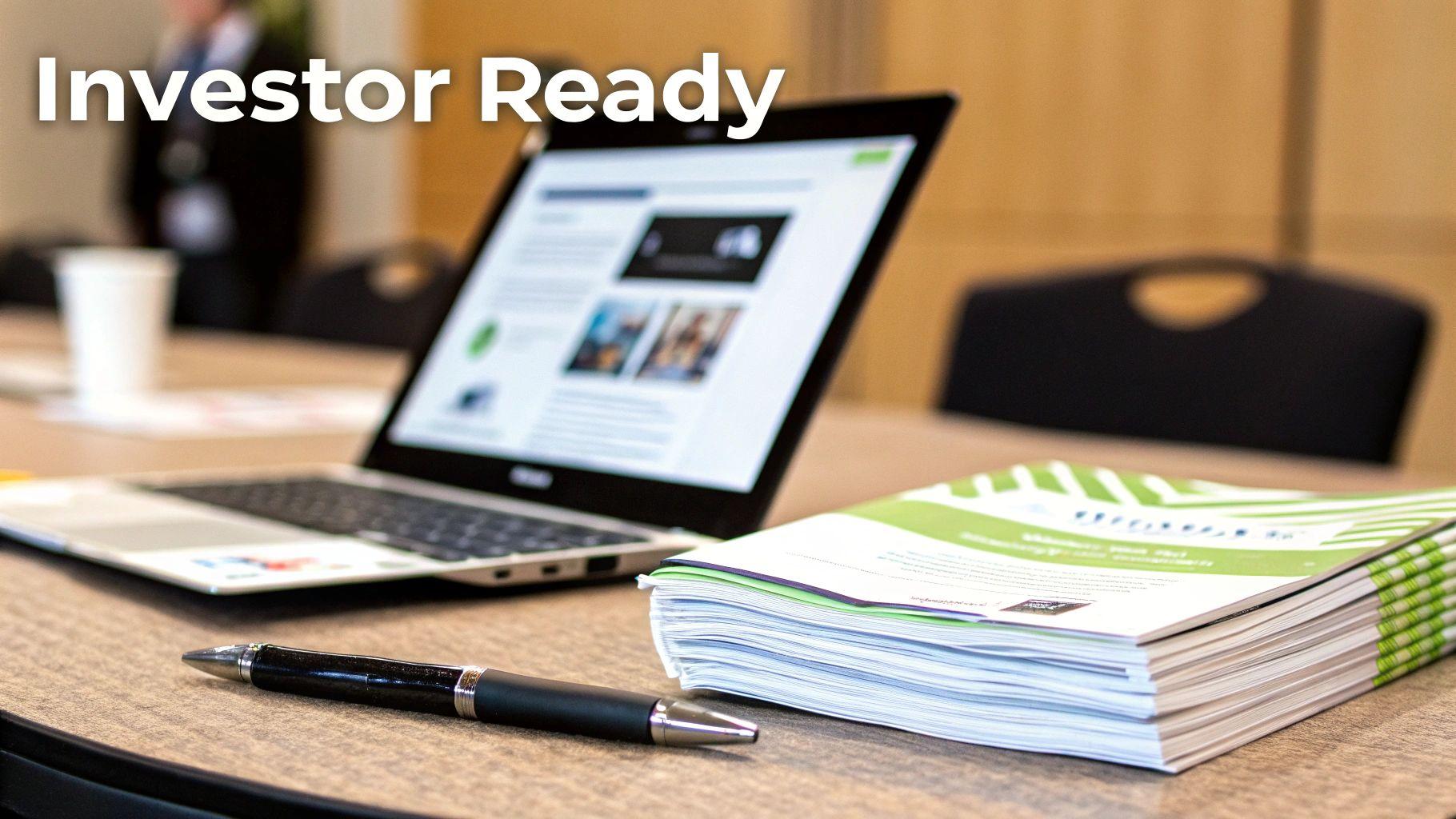 Laptop, pen, and documents on a table, with 'Investor Ready' text, suggesting business preparation.