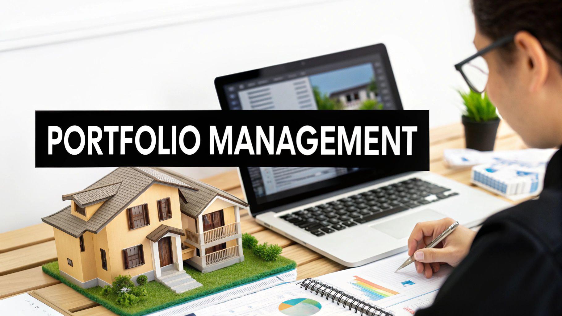 Person analyzing real estate investment portfolio with a miniature house, laptop, and financial charts.