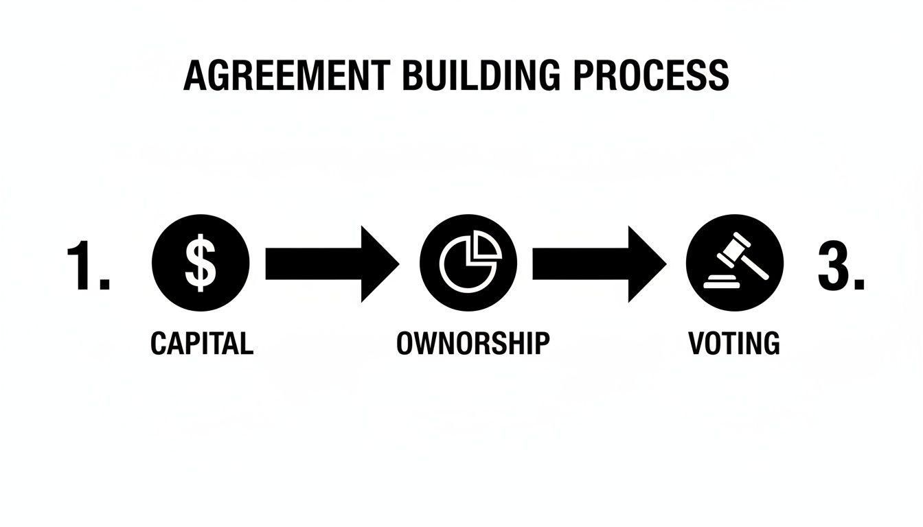 A diagram illustrating the agreement building process with three steps: capital, ownership, and voting.
