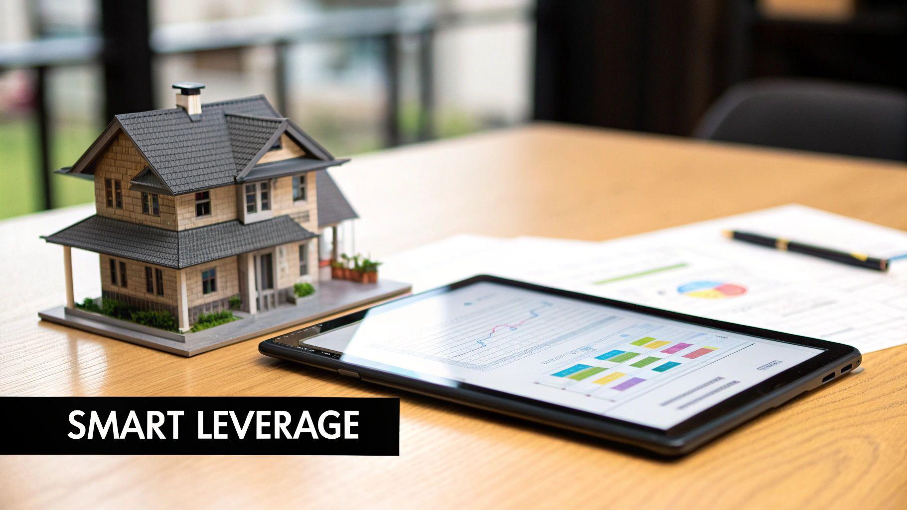 A house model, tablet displaying financial charts, and papers on a table, symbolizing real estate investment.