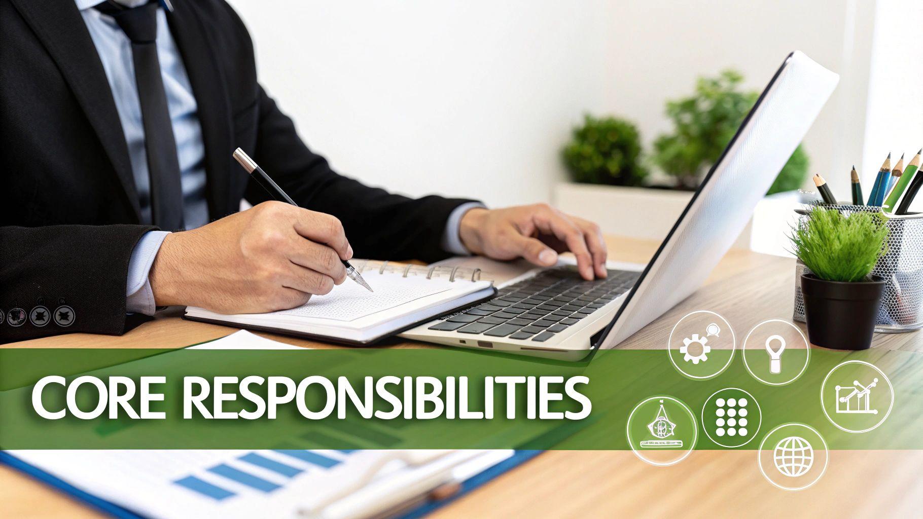 A group of professionals in a modern office, reviewing architectural plans and discussing a real estate project on a large screen.