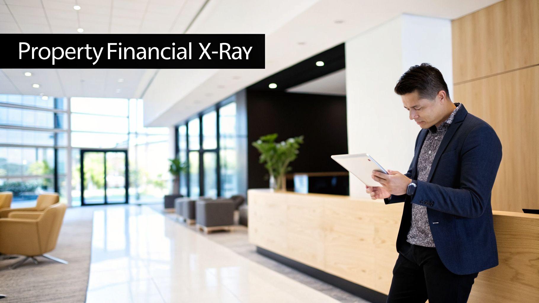 A professional man examines a tablet in a modern office lobby, with 'Property Financial X-Ray' text.