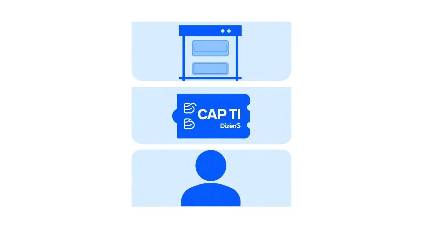 Blue and white business card design showing browser window, CAPTI branding, and user profile icon