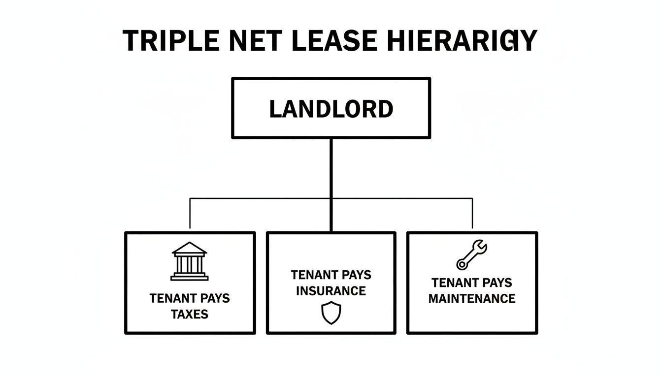 Flowchart illustrating a triple net lease hierarchy, showing tenant responsibility for taxes, insurance, and maintenance.