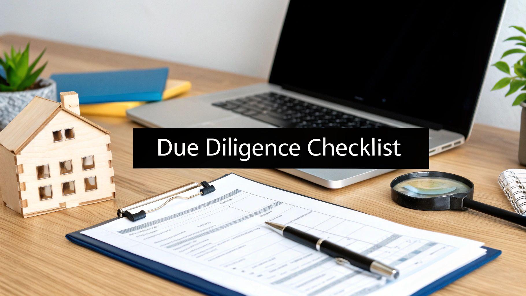 Desk with a wooden house model, laptop, documents, pen, and 'Due Diligence Checklist' banner.