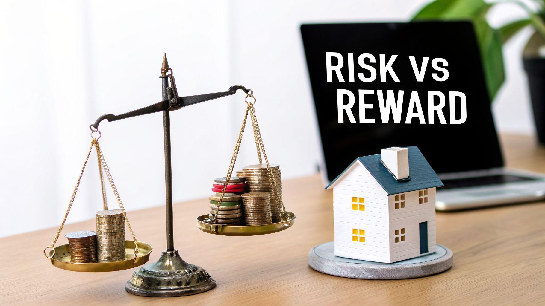 A financial scale balancing coins, a house model, and 'RISK VS REWARD' on a laptop screen.