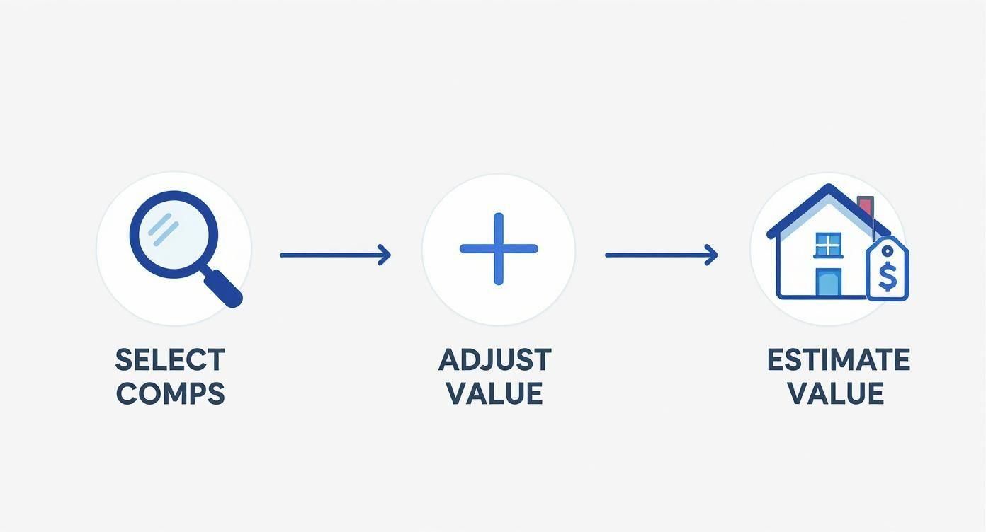 Three-step real estate valuation process showing select comps, adjust value, and estimate value stages with icons