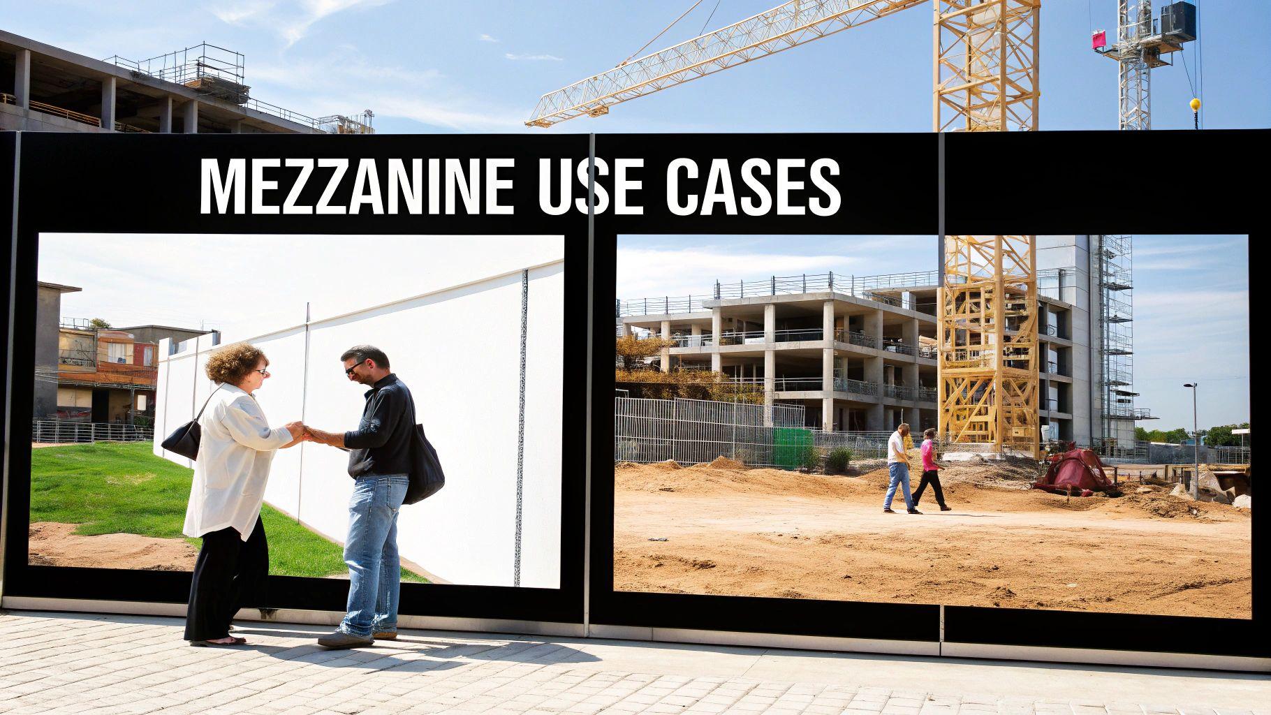Construction site display showing mezzanine use cases with people discussing development projects and building progress