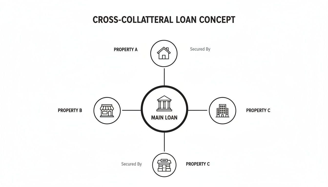 Diagram illustrating a cross-collateral loan concept where a main loan is secured by four different properties.
