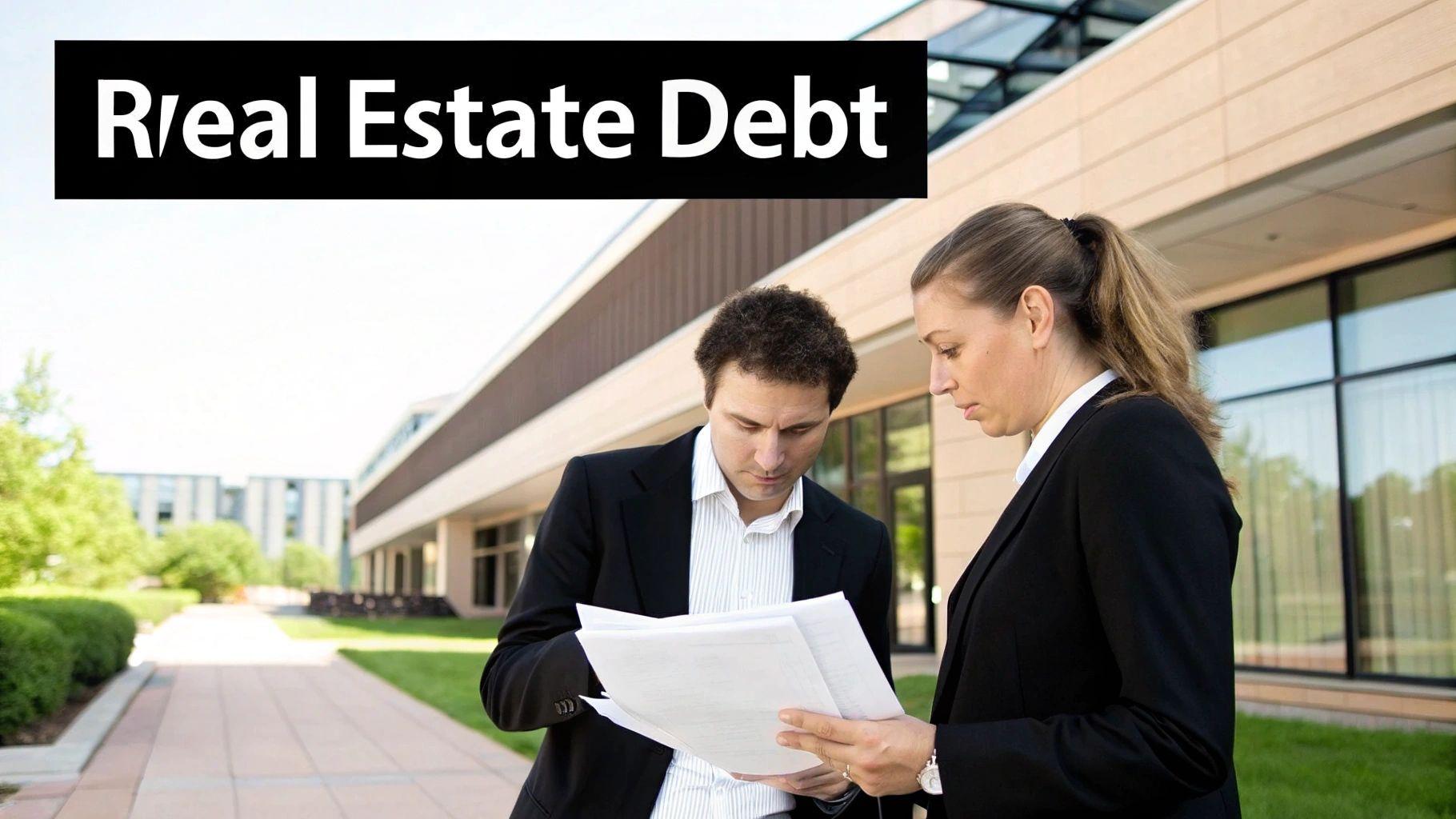 Two business professionals review real estate debt documents in front of a modern building.