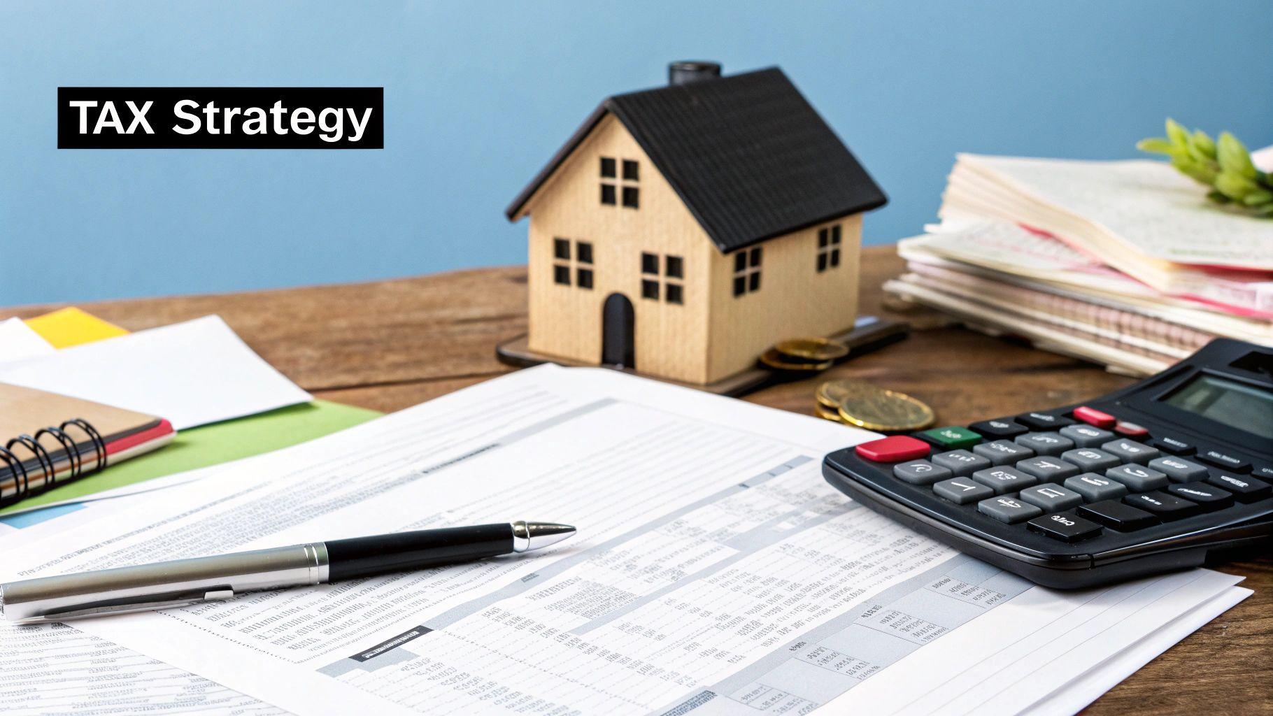 A calculator and charts showing financial analysis and tax implications.