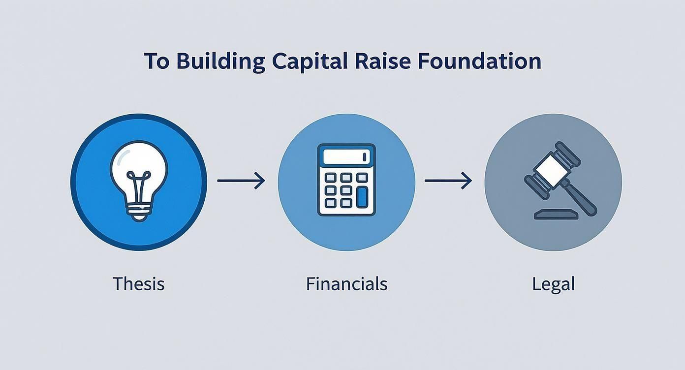 Infographic showing three foundational steps for capital raising: Thesis, Financials, and Legal aspects.