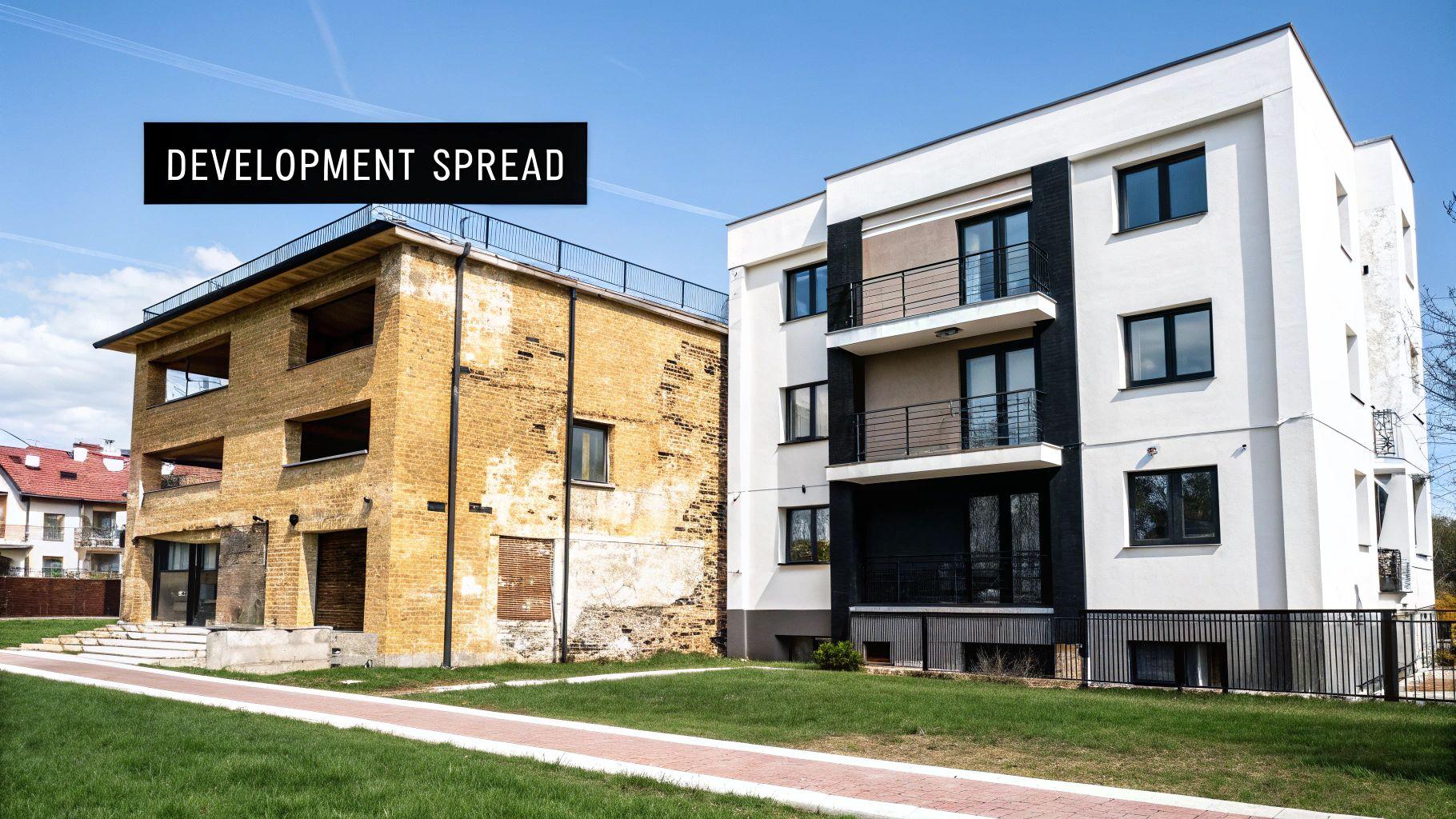 A stark contrast between an old, dilapidated brick building and a new, modern apartment building, illustrating urban development.